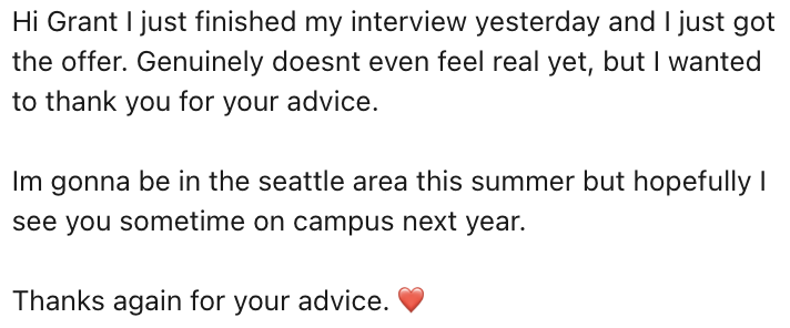 A message thanking Grant for his interview advice after receiving an offer.